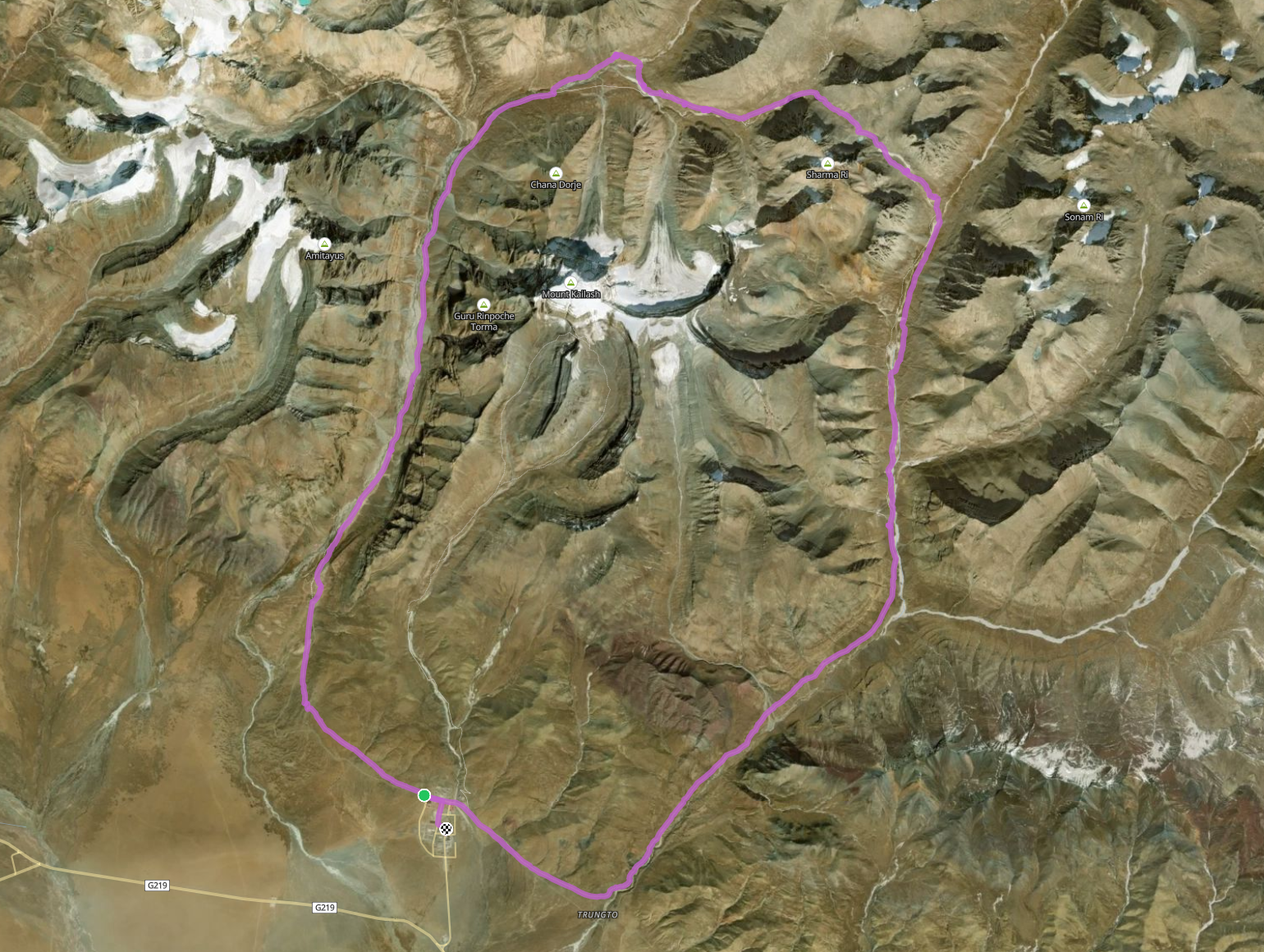 Satellite map showing a recorded Mount Kailash kora route, with snow-capped mountains and a marked start and finish in Baga Town, near the G219 road.