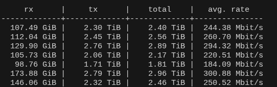 A table displays data transfer statistics: rx, tx, total, and average rate, with values in TiB for data and Mbit/s for rates across seven rows.