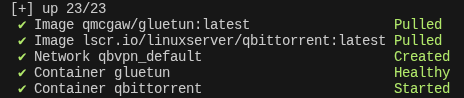 Terminal output showing five items: images glutun and qbittorrent pulled, network created, gluetun container healthy, and qbittorrent container started; all items have green status indicators.