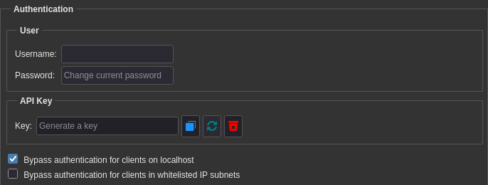 Authentication settings with fields for username, password, and API key. Checkbox for bypassing authentication for localhost clients is checked; another checkbox below is unchecked.