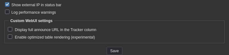 qBittorrent settings panel with options for external IP display checked.