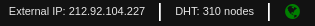 qBittorrent Web UI status bar showing External IP, DHT status, and connection status.
